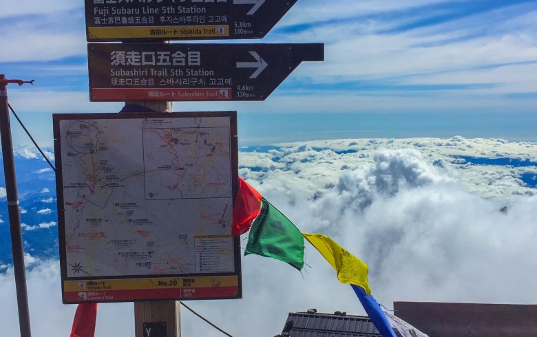 Prayer Flags, Clouds, and Trail Map Mt.Fuji Japan